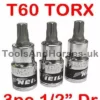 NEILSEN 3pc T60 TORX BIT SET 1/2"dr Star Bit Set T60 TORX Socket Set Chrome Vanadium CRV