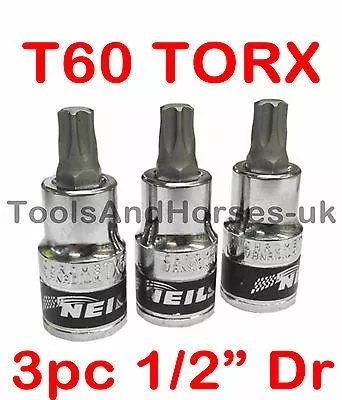 NEILSEN 3pc T60 TORX BIT SET 1/2"dr Star Bit Set T60 TORX Socket Set Chrome Vanadium CRV 1 NEILSEN 3pc T60 TORX BIT SET 1/2"dr Star Bit Set T60 TORX Socket Set Chrome Vanadium CRV