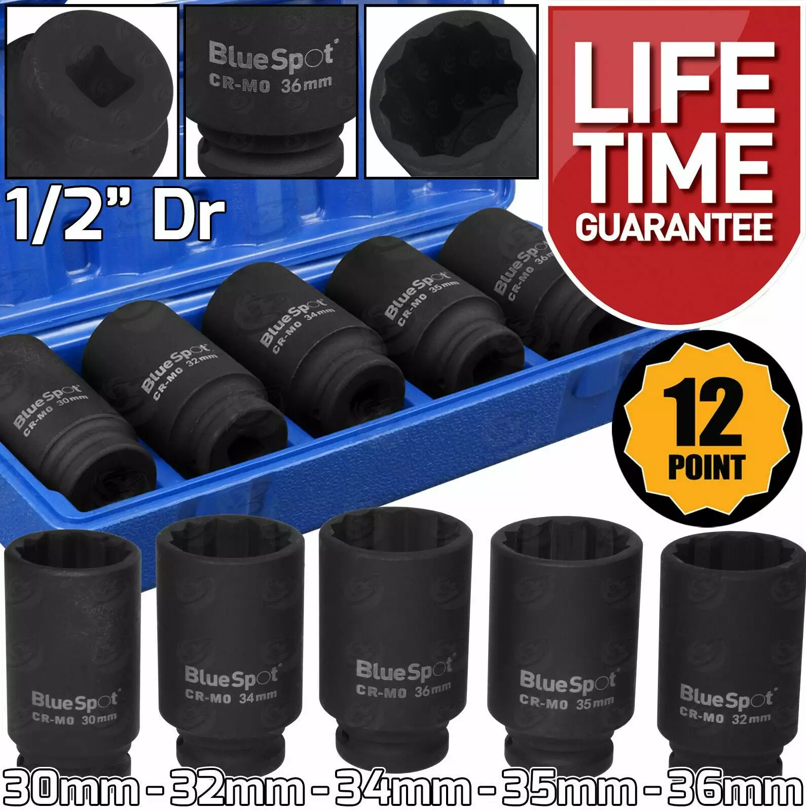 BlueSpot 12 Point Axle Hub Nut DEEP IMPACT Socket Set 1/2"Dr Thin Wall Drive Shaft Socket 1 BlueSpot 12 Point Axle Hub Nut DEEP IMPACT Socket Set 1/2"Dr Thin Wall Drive Shaft Socket