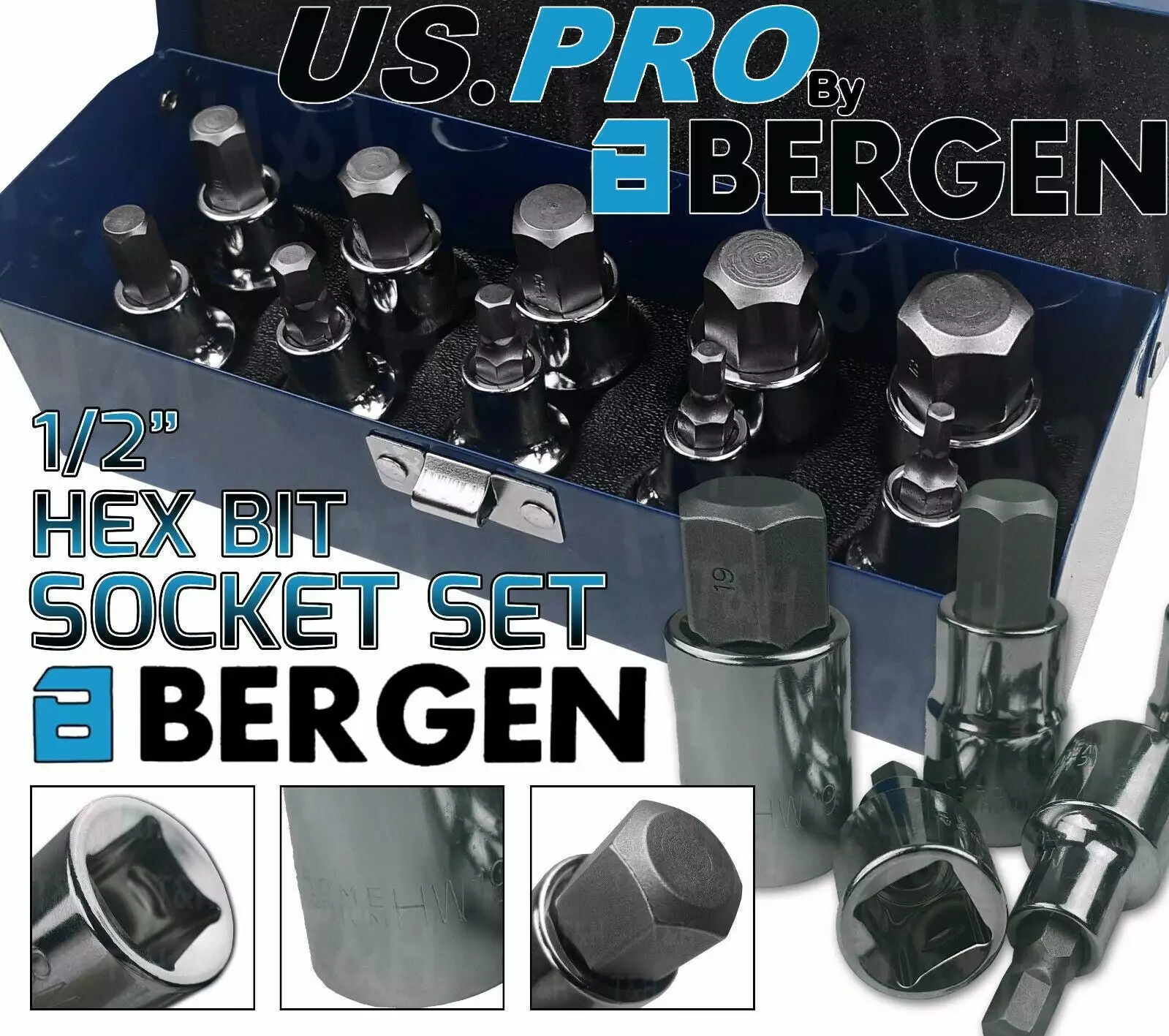 US PRO By BERGEN BERGEN HEX BIT Sockets Set 1/2" Dr Allen Keys H4 To H19 Hex Allen Keys Sockets 1 US PRO By BERGEN BERGEN HEX BIT Sockets Set 1/2" Dr Allen Keys H4 To H19 Hex Allen Keys Sockets