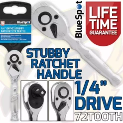 BlueSpot 1/4" Drive 72T Tooth Quick Release Stubby Ratchet Handle 1/4"Dr 72 Tooth Socket