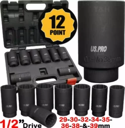 US PRO By BERGEN US.PRO TOOLS 12 Point Axle Hub Lug Nut DEEP IMPACT Socket Set 1/2" Drive 29-39mm