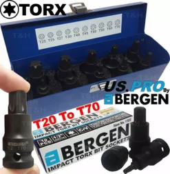 US PRO By BERGEN BERGEN IMPACT TORX BIT Sockets Set 1/2" Drive Impact TX Star Sockets T20 To T70