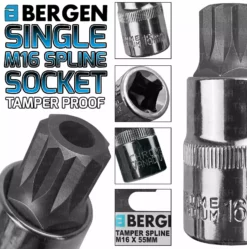 US PRO By BERGEN BERGEN Tamperproof Spline Socket M16mm 1/2" Drive 55mm X M16mm Single Socket