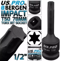 US PRO By BERGEN BERGEN T50 IMPACT TORX Bit Socket 1/2"Dr TRX50 78mm Long Reach Impact Star Torx