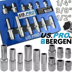 US PRO By BERGEN US.PRO 10mm & 13mm Deep & Shallow Sockets Set 1/4" 3/8" 1/2" Dr 6pt Hex Sockets