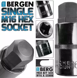 US PRO By BERGEN BERGEN Hex Socket H16mm 1/2" Drive 55mm 16mm Hex Key Single Socket Allen Key