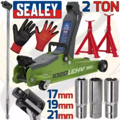 SEALEY 2 Tonne Trolley Jack Axle Stands 1/2" Drive Breaker Bar 17mm 19mm 21mm GB