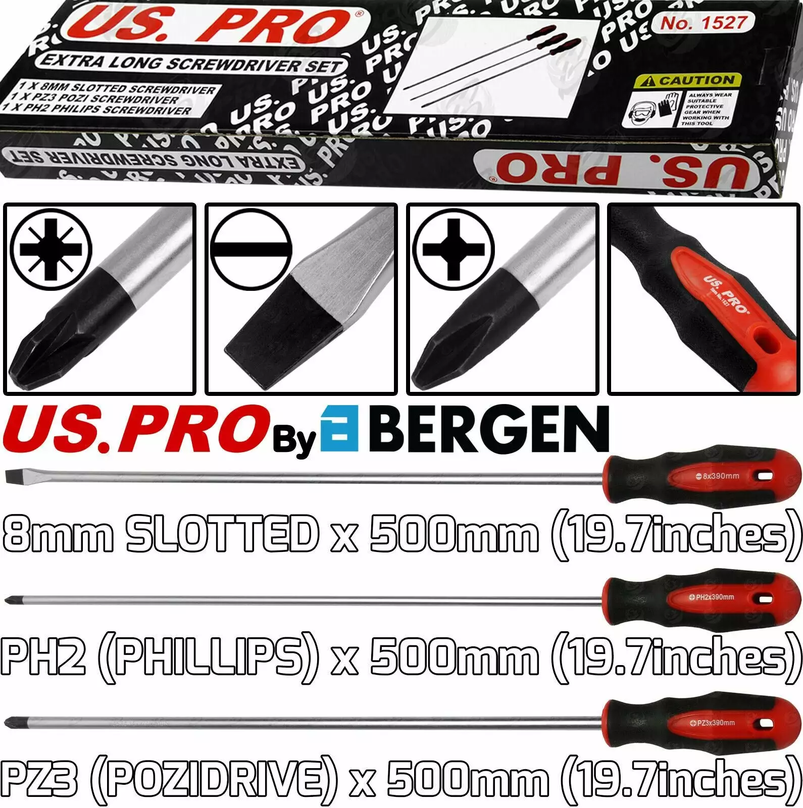 US PRO By BERGEN US.PRO Extra Long Magnetic Screwdrivers 500mm Long Pozi Philips Slotted PZ3 PH2 1 US PRO By BERGEN US.PRO Extra Long Magnetic Screwdrivers 500mm Long Pozi Philips Slotted PZ3 PH2