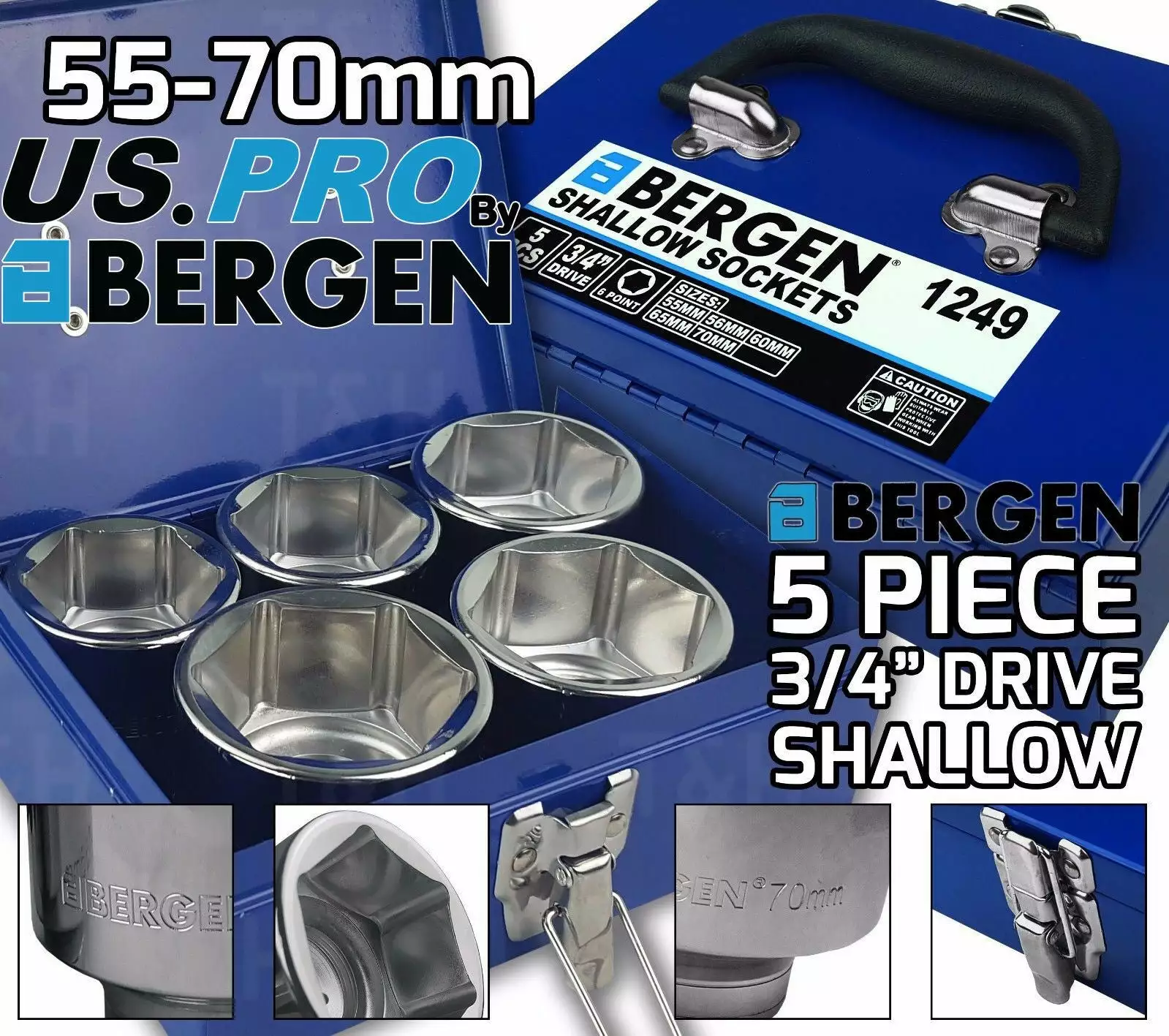 US PRO By BERGEN BERGEN 5pc 3/4" Inch Shallow Socket Set 55 56 60 65 70mm Shallow Sockets 6 Point 1 US PRO By BERGEN BERGEN 5pc 3/4" Inch Shallow Socket Set 55 56 60 65 70mm Shallow Sockets 6 Point