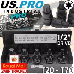 US PRO By BERGEN US.PRO INDUSTRIAL Impact Torx Bit Socket Set 1/2"Dr Impact Keys T20 - T70 S2