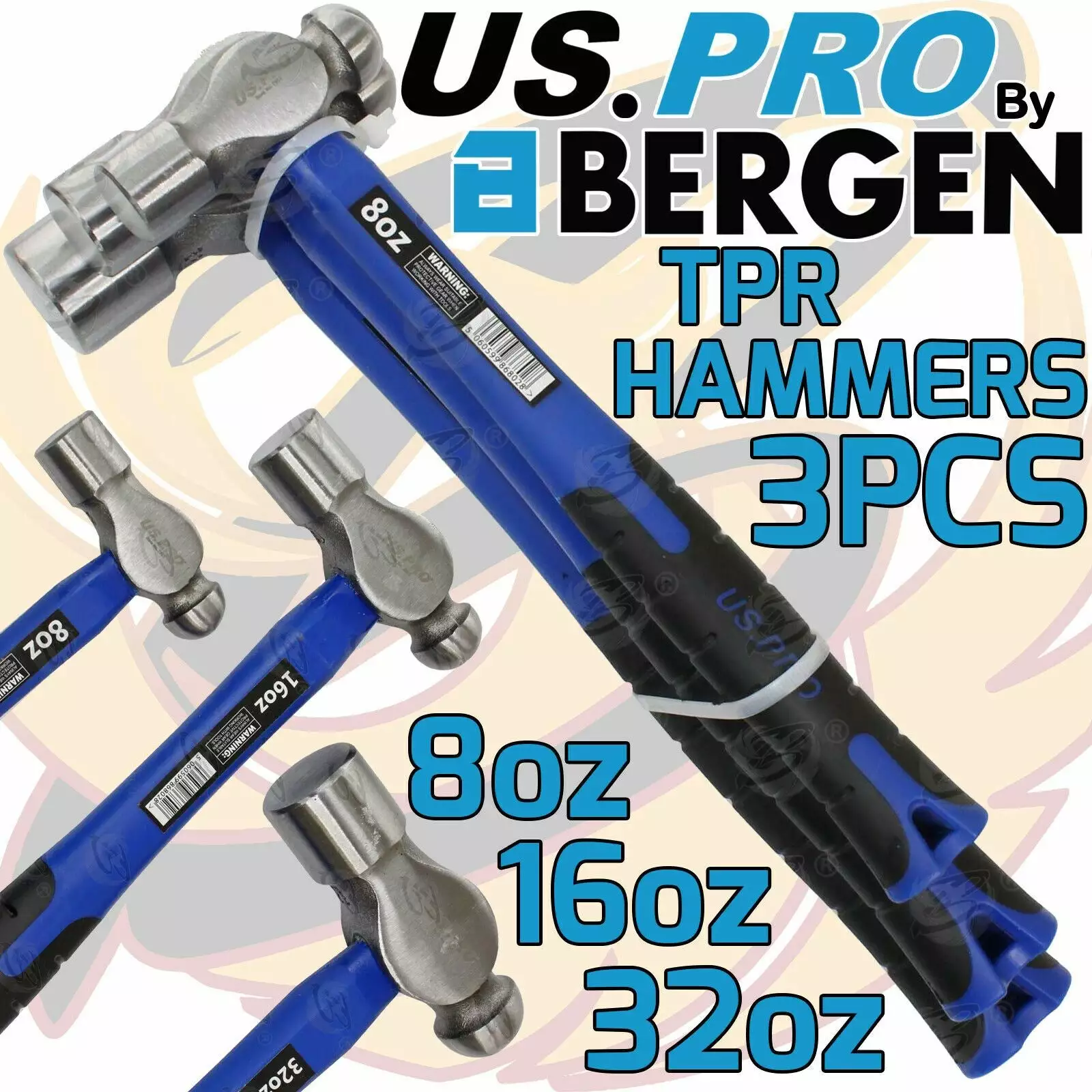 US PRO By BERGEN US.PRO By BERGEN Ball Pein Hammer Set 3pc Ball PEEN Machinist's TPR Hammers 8oz 16oz 32oz 1 US PRO By BERGEN US.PRO By BERGEN Ball Pein Hammer Set 3pc Ball PEEN Machinist's TPR Hammers 8oz 16oz 32oz