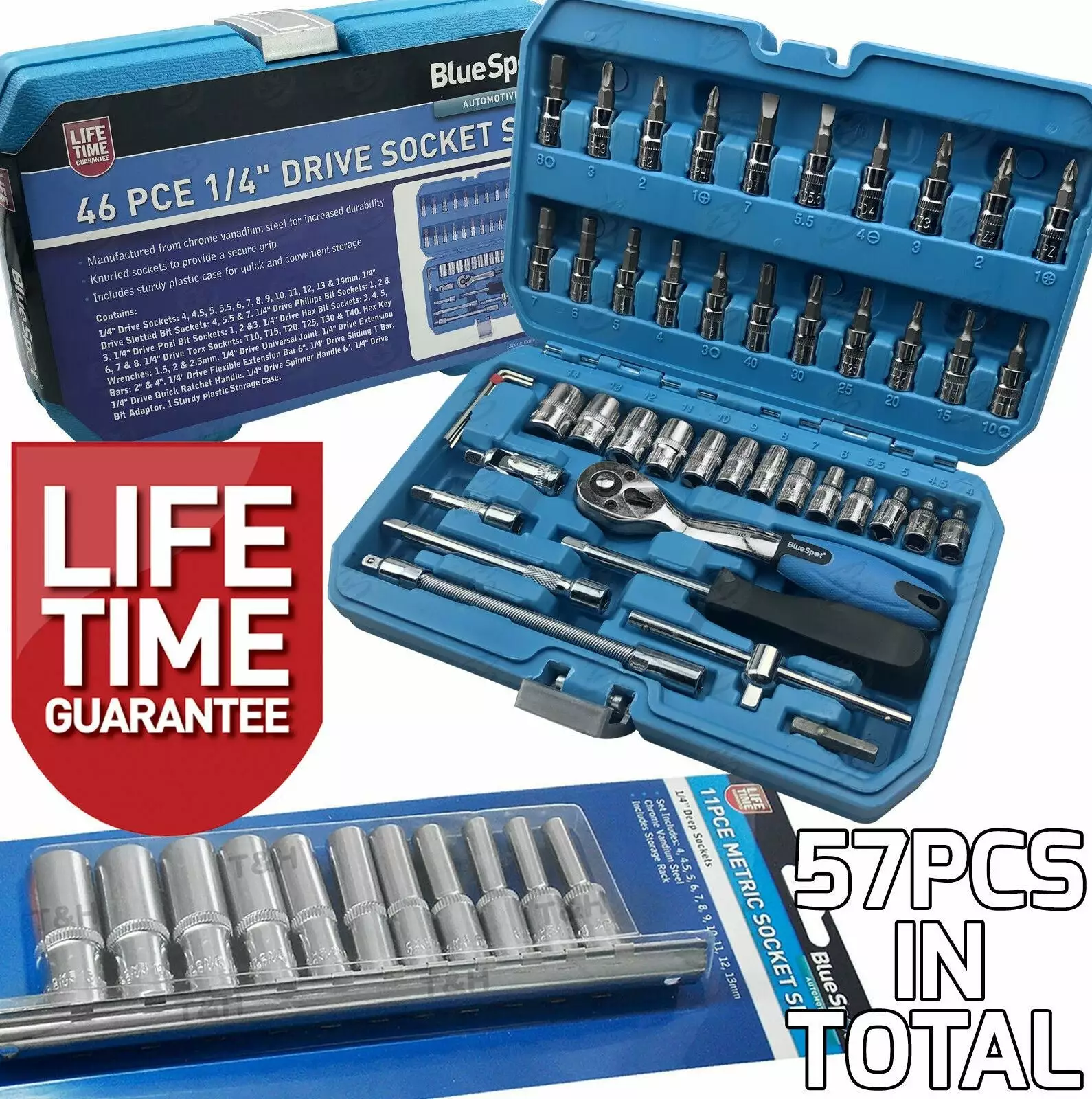 BlueSpot Sockets & DEEP Socket Set 1/4" Drive Tool Set With 72T Ratchet Torx Hex UJ PZ PH 1 BlueSpot Sockets & DEEP Socket Set 1/4" Drive Tool Set With 72T Ratchet Torx Hex UJ PZ PH