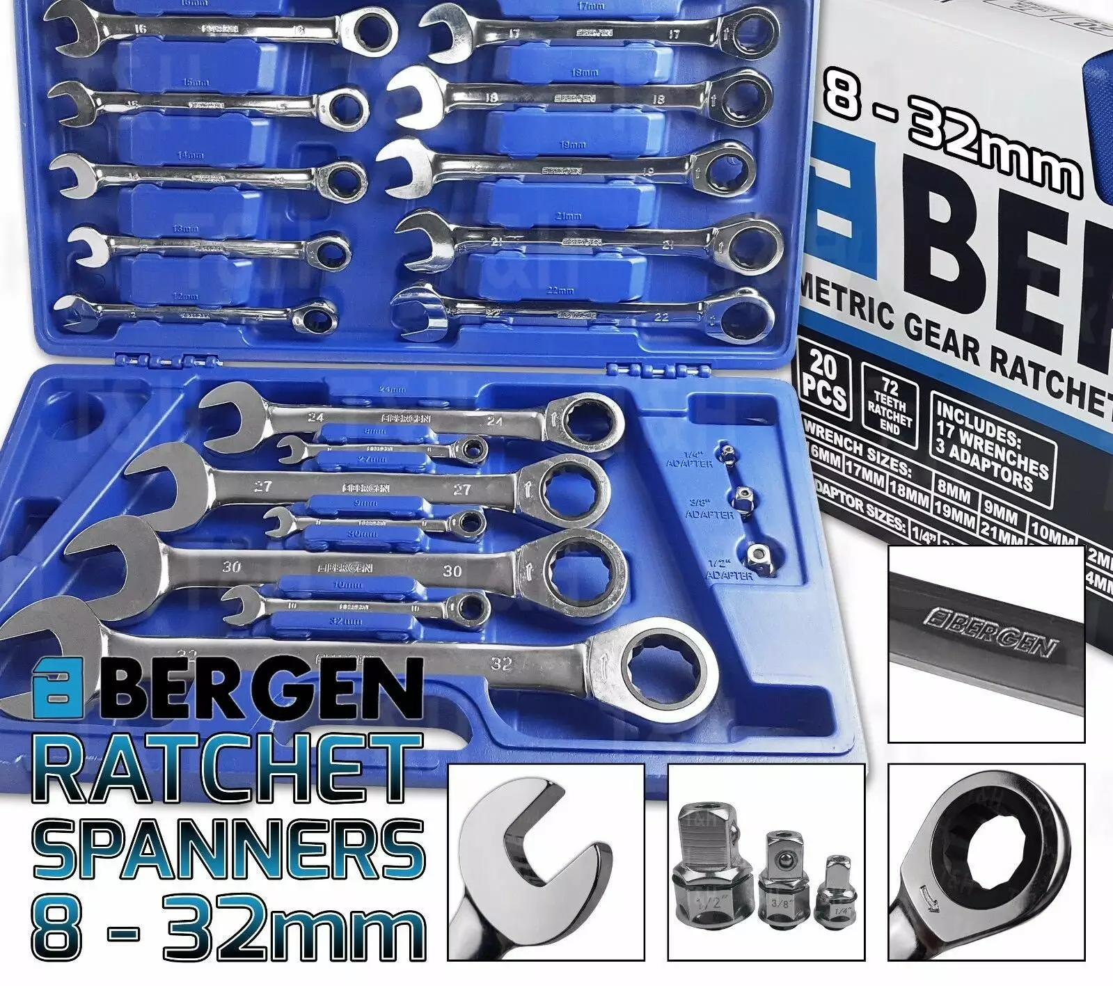 US PRO By BERGEN 20 Piece Combination Ratchet Spanner Set 8mm - 32mm 1 US PRO By BERGEN 20 Piece Combination Ratchet Spanner Set 8mm - 32mm