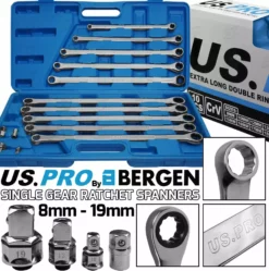 US PRO By BERGEN 13 Piece EXTRA LONG Single Gear Ratchet Double Ring Spanners